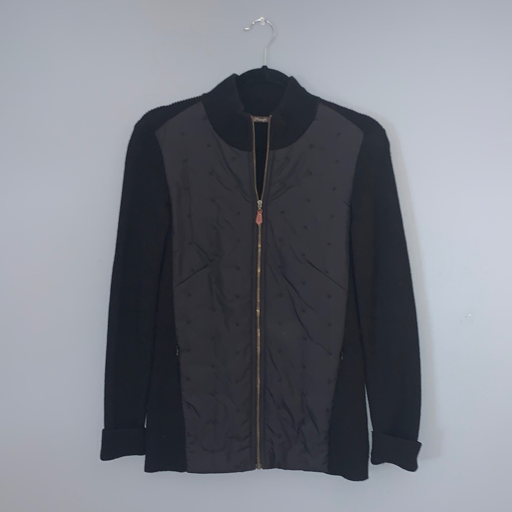 J. McLaughlin Black Ribbed Sweater with Quilted Silk Detail S